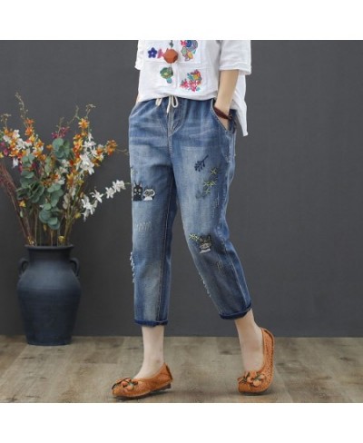 Baggy Jeans Women High Waist Plus Size Mom Ladies Jeans Trousers Denim Embroidery Loose Ankle Length Harem Pants Elastic Wais...