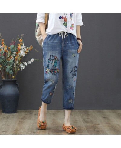 Baggy Jeans Women High Waist Plus Size Mom Ladies Jeans Trousers Denim Embroidery Loose Ankle Length Harem Pants Elastic Wais...