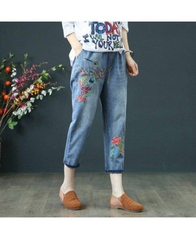 Baggy Jeans Women High Waist Plus Size Mom Ladies Jeans Trousers Denim Embroidery Loose Ankle Length Harem Pants Elastic Wais...