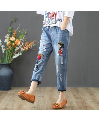 Baggy Jeans Women High Waist Plus Size Mom Ladies Jeans Trousers Denim Embroidery Loose Ankle Length Harem Pants Elastic Wais...