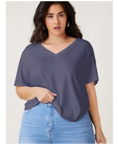 Plus Size V-neck Short Sleeve Summer Casual Top Women Drop Shoulder Loose Oversize Solid Purple Basic T-shirt Tee Large Size ...