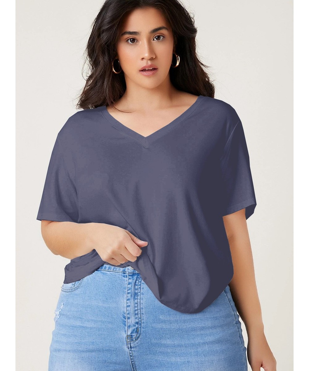 Plus Size V-neck Short Sleeve Summer Casual Top Women Drop Shoulder Loose Oversize Solid Purple Basic T-shirt Tee Large Size ...