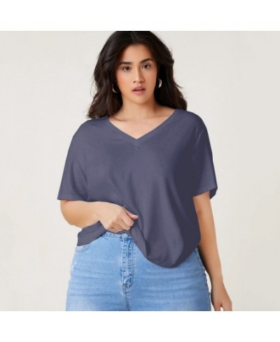 Plus Size V-neck Short Sleeve Summer Casual Top Women Drop Shoulder Loose Oversize Solid Purple Basic T-shirt Tee Large Size ...