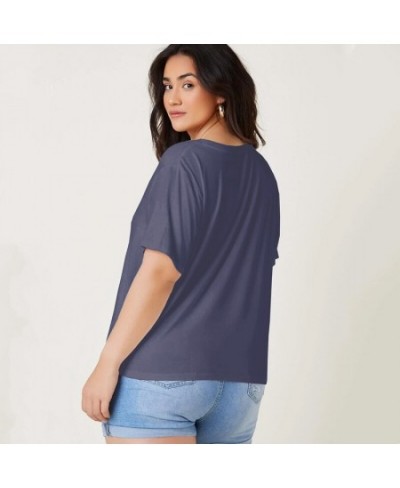 Plus Size V-neck Short Sleeve Summer Casual Top Women Drop Shoulder Loose Oversize Solid Purple Basic T-shirt Tee Large Size ...