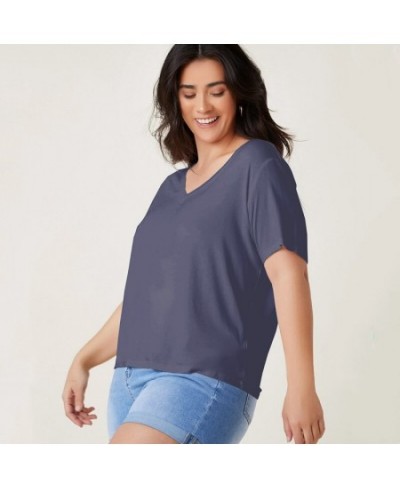 Plus Size V-neck Short Sleeve Summer Casual Top Women Drop Shoulder Loose Oversize Solid Purple Basic T-shirt Tee Large Size ...