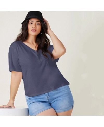 Plus Size V-neck Short Sleeve Summer Casual Top Women Drop Shoulder Loose Oversize Solid Purple Basic T-shirt Tee Large Size ...