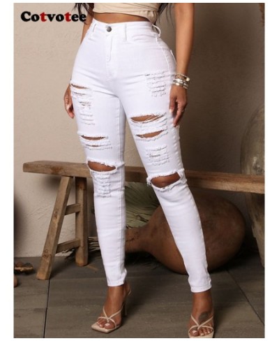 Ripped Jeans for Women 2023 New Fashion White Stretch Slim High Waisted Jeans Streetwear Chic Pencil Pants y2k pants $46.47 -...