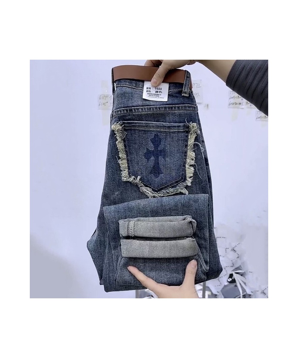 High waist printed jeans female spring and autumn 2023 new small haren pants show thin nine points raw edge jeans female $49....