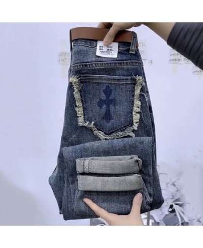 High waist printed jeans female spring and autumn 2023 new small haren pants show thin nine points raw edge jeans female $49....