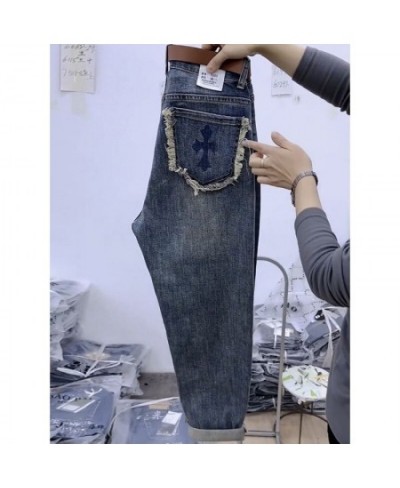 High waist printed jeans female spring and autumn 2023 new small haren pants show thin nine points raw edge jeans female $49....