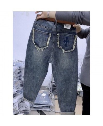 High waist printed jeans female spring and autumn 2023 new small haren pants show thin nine points raw edge jeans female $49....