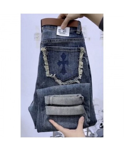 High waist printed jeans female spring and autumn 2023 new small haren pants show thin nine points raw edge jeans female $49....