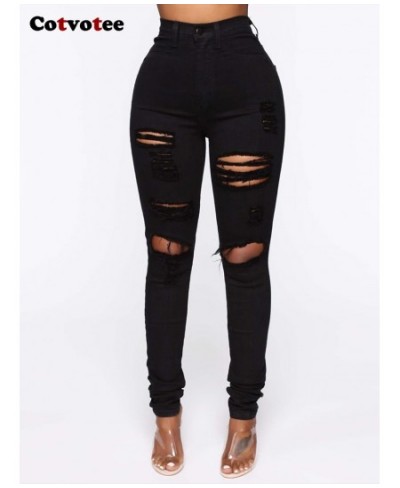 Ripped Jeans for Women 2023 New Fashion White Stretch Slim High Waisted Jeans Streetwear Chic Pencil Pants y2k pants $46.47 -...