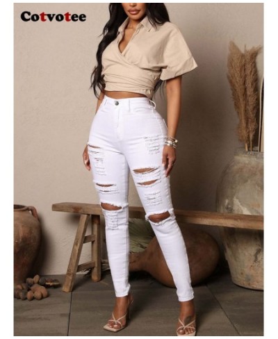 Ripped Jeans for Women 2023 New Fashion White Stretch Slim High Waisted Jeans Streetwear Chic Pencil Pants y2k pants $46.47 -...