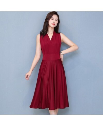 2022 Summer Women Middle-aged And Elderly Sleeveless V Neck Party Red Dress Milk Silk Knee Slim Long Skirt Plus Size Vestido ...