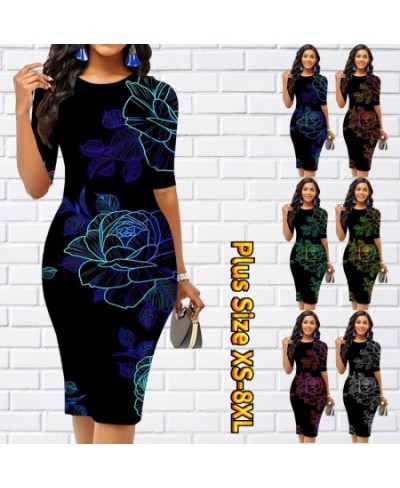 2023 Summer Female Vintage Tight Skirt Fashion Dress New Design Printing Half-sleeve Skirt Round Neck Knee-length Skirt XS-8X...