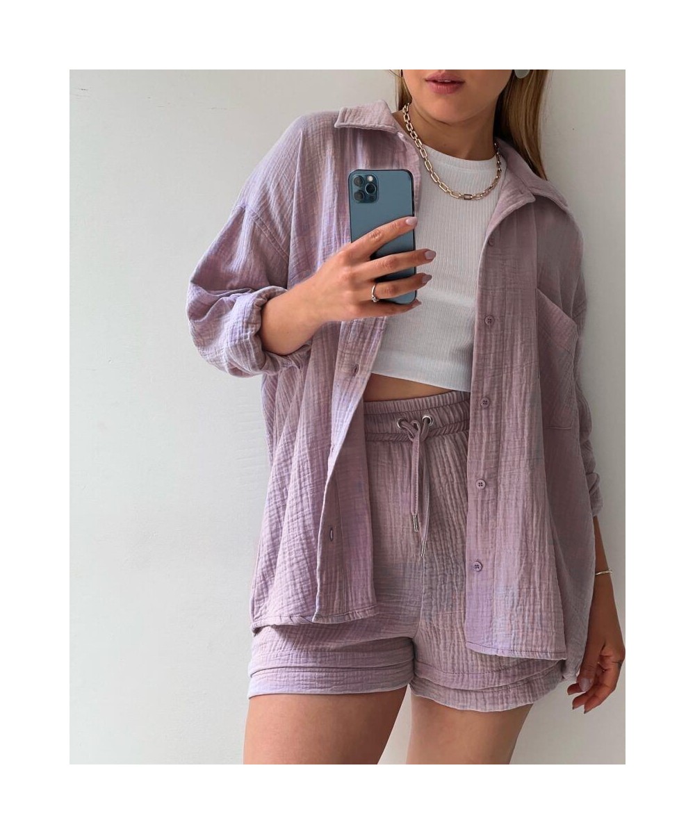 Fashion Chic Pleated Lapel Shirts Sets Autumn Long Sleeve Blouses With High Waist Shorts Sets Plus Size Loose Women Casual $4...