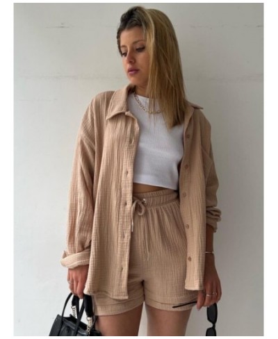 Fashion Chic Pleated Lapel Shirts Sets Autumn Long Sleeve Blouses With High Waist Shorts Sets Plus Size Loose Women Casual $4...