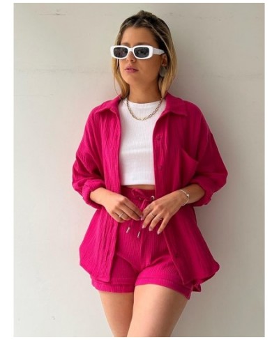 Fashion Chic Pleated Lapel Shirts Sets Autumn Long Sleeve Blouses With High Waist Shorts Sets Plus Size Loose Women Casual $4...