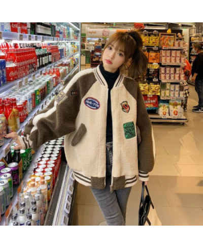 Deeptown Baseball Jacket Harajuku Lambs Wool Green Korean Style Varsity Jacket Women Thicken Fleece Chic Coats Woman Winter $...