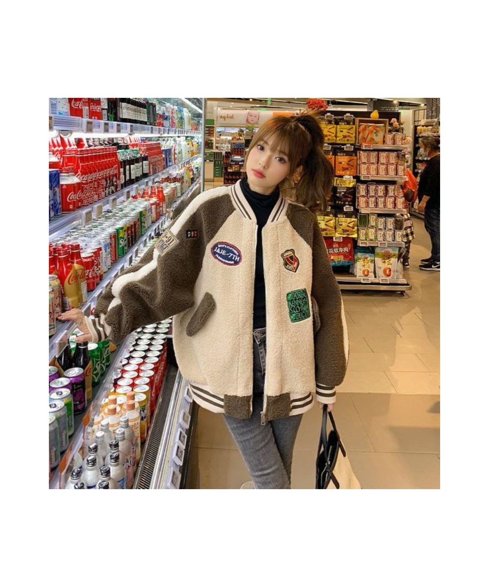 Deeptown Baseball Jacket Harajuku Lambs Wool Green Korean Style Varsity Jacket Women Thicken Fleece Chic Coats Woman Winter $...