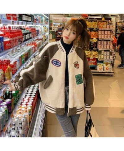 Deeptown Baseball Jacket Harajuku Lambs Wool Green Korean Style Varsity Jacket Women Thicken Fleece Chic Coats Woman Winter $...