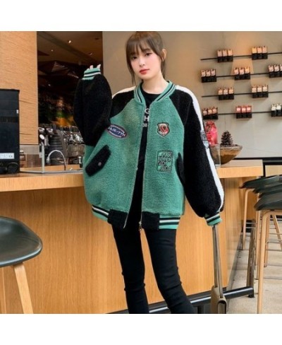 Deeptown Baseball Jacket Harajuku Lambs Wool Green Korean Style Varsity Jacket Women Thicken Fleece Chic Coats Woman Winter $...